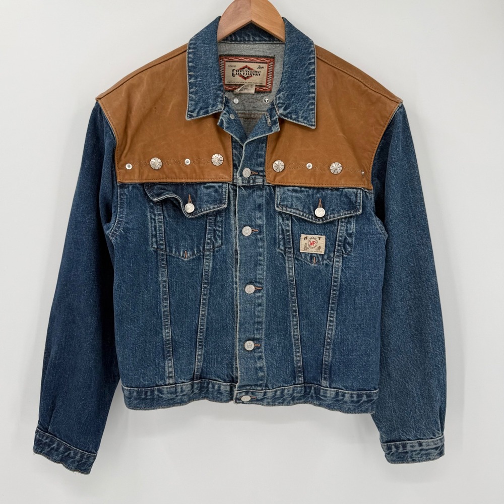 Vintage Chevignon Denim Jacket Leather Yoke Western Trucker Men's Large